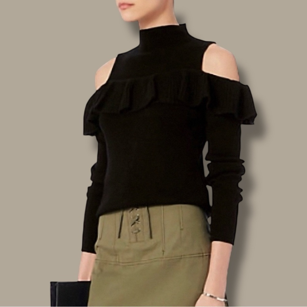 NWT INTERMIX ‘Kendall’ Ruffled Bust Cold-Shoulder Mock-Neck Sweater Size Medium